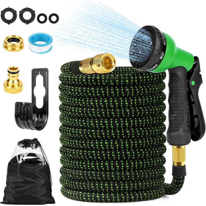 Furtun de gradina extensibil 15 m, SHAWTY®, S0127-15, Pistol de stropit cu 8 tipuri de pulverizare, Presiune Reglabila/Functie de blocare, Conectori 1/2" si 3/4", Alama, Pentru spalarea gospodariei, masina, irigarea gradinii, Negru/Verde