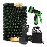 Furtun de gradina extensibil 30 m, SHAWTY®, S0127-30, Pistol de stropit cu 8 tipuri de pulverizare, Presiune Reglabila/Functie de blocare, Conectori 1/2" si 3/4", Alama, Pentru spalarea gospodariei, masina, irigarea gradinii, Negru/Verde