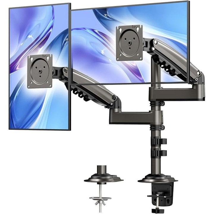Suport 2 Monitoare Premium pentru Birou 17-32" inch, Arc pe Gaz, pentru Productivitate, Munca, Gaming, Organizator Cabluri, Instalare Usoara, Ergonomic, VESA 75x75 / 100x100, Pana la 9 kg per brat, Prindere cu Clema / Surub, Negru, Sim Online®