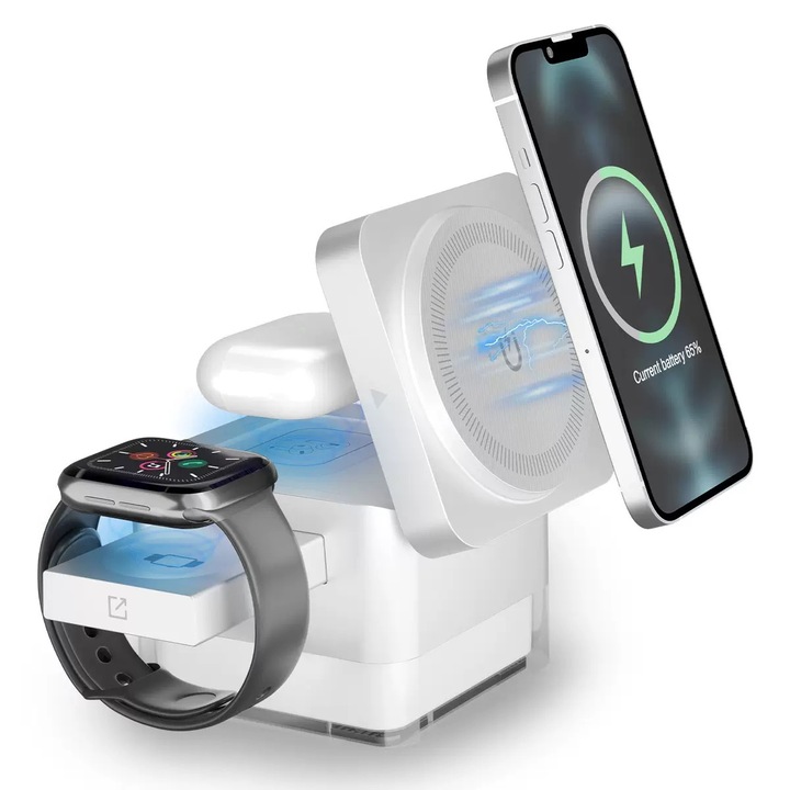 Három az egyben vezeték nélküli töltő Apple Watch-hoz + mobiltelefonhoz + fejhallgatóhoz egyszerre, éjjeli lámpa, Huawei, Samsung és Xiaomi készülékekhez, fehér