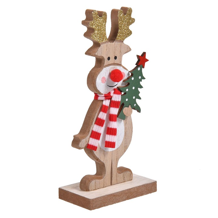Decoratiune de craciun cerb din lemn cu fular cu dungi brad cu glitter 7x15cm
