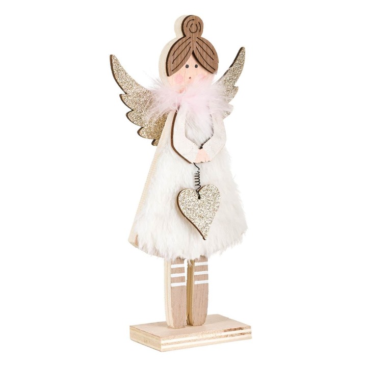 Karácsonyi dekoráció, Angyal, Fa és poliészter, Szárnyak bézs csillámmal, Magasság 19cm, Fehér, MYONNA IT & E- COMMERCE ®