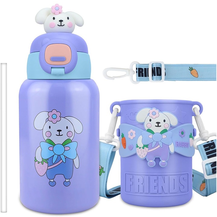 Термос за деца, BOMSTOM, 450 мл, неръждаема стомана, лилав, 21,5 x 9 см, термоизолиран, сламена капачка, непропусклив