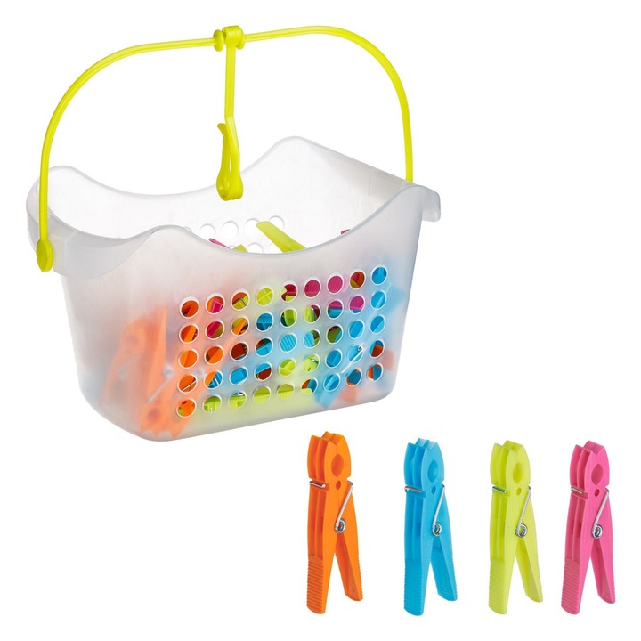 Cos din plastic transparent cu 40 de carlige colorate pentru rufe 22x15x13cm