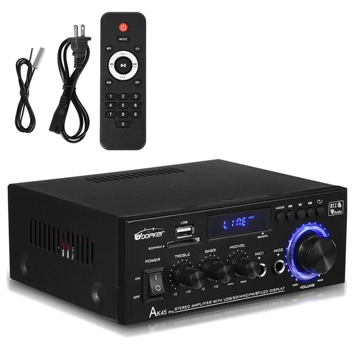 Amplificator audio cu telecomanda, Rqiurpn, 500W x 2, 2 canale, Bluetooth, Suport intrare USB/SD/AUX/RCA, Plug and Play, Negru