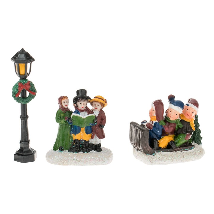 Scena de Craciun cu Figurine Copii Sanie Colind Felinar - 3buc