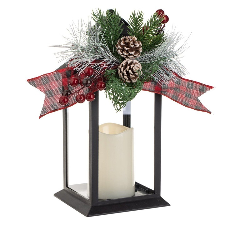 Felinar decorativ de craciun negru cu lumanare led & ramuri 14x14x33cm