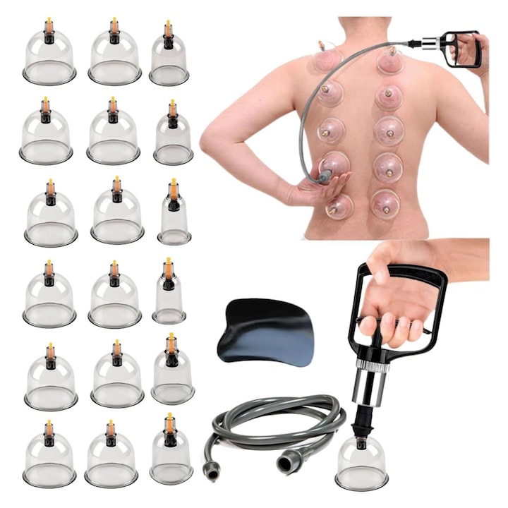 Set ventuze de masaj cu vacuum, Set 18 ventuze de masaj terapeutic cu vacuum, magnetoterapie, pentru relaxare si ameliorarea durerii, culoare transparenta