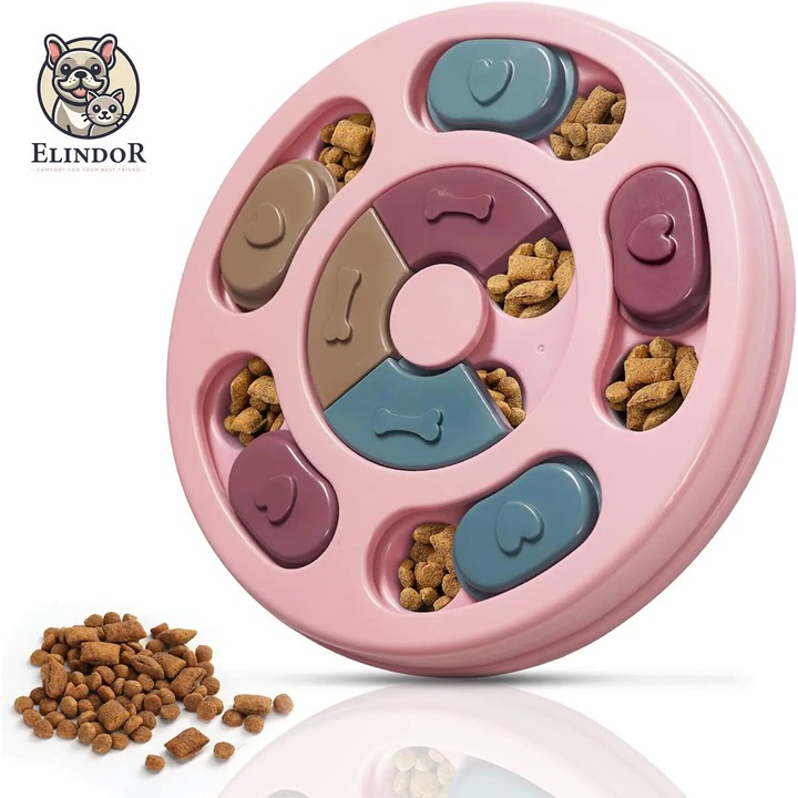 Jucarie Interactiva Elindor® pentru Caini si Pisici Puzzle Inteligent, 14 Compartimente Ascunse pentru Hrana si Recompense, Diametru 24 cm, Alimentare Lenta, Roz
