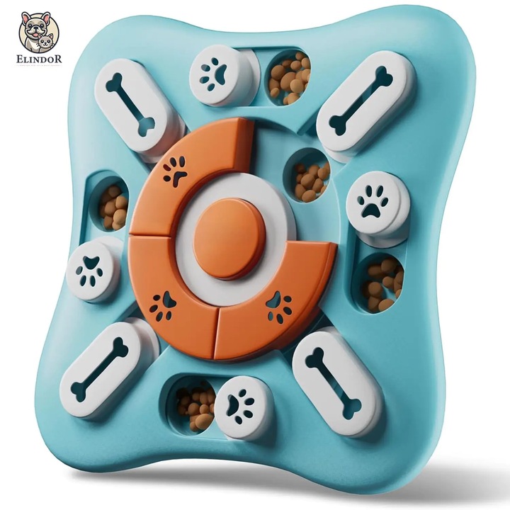 Jucarie Educativa Elindor® pentru Caini si Pisici cu Sunet, 16 Compartimente pentru Recompense si Hrana, Dezvoltarea Inteligentei, Rotire 360, Sistem Anti-alunecare, Albastru