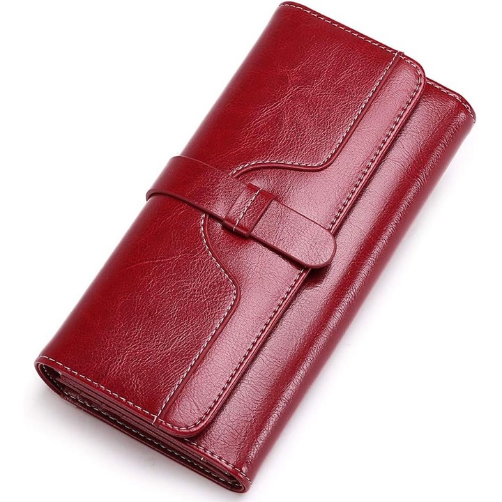 Női pénztárca, BOMSTOM, valódi bőr, RFID védelmi rendszerrel, cipzáras rekesszel, 19x10x3cm, piros
