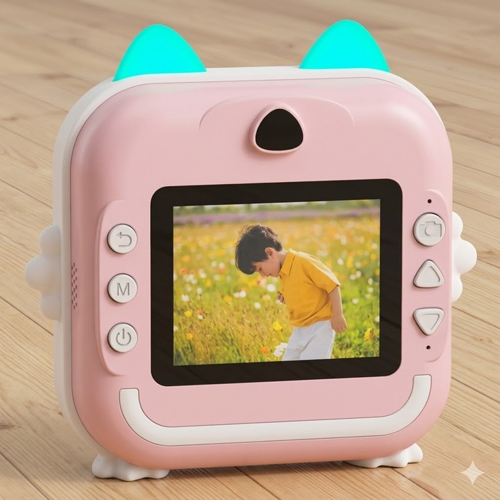 Aparat Foto Video pentru Copii, Charmorah, Imprimanta Termica Bluetooth Wi-Fi si Full HD, ABS Ergonomic, 3 Role Hartie si Snur, Ecran 2.4 Inch, Roz