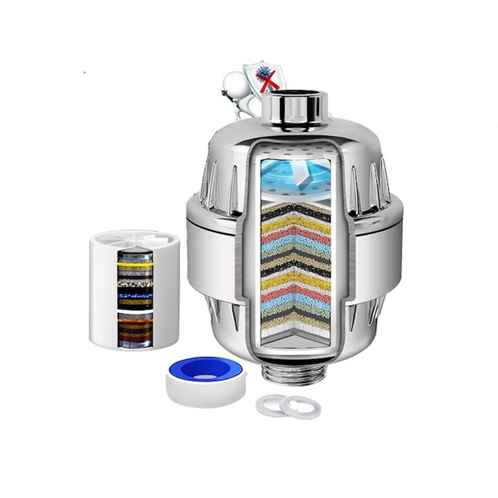 25 fokozatú zuhanyszűrő, kemény vízhez, C- és E-vitaminnal, 1 patronos készlet, 2,8 cm x 2,2 cm