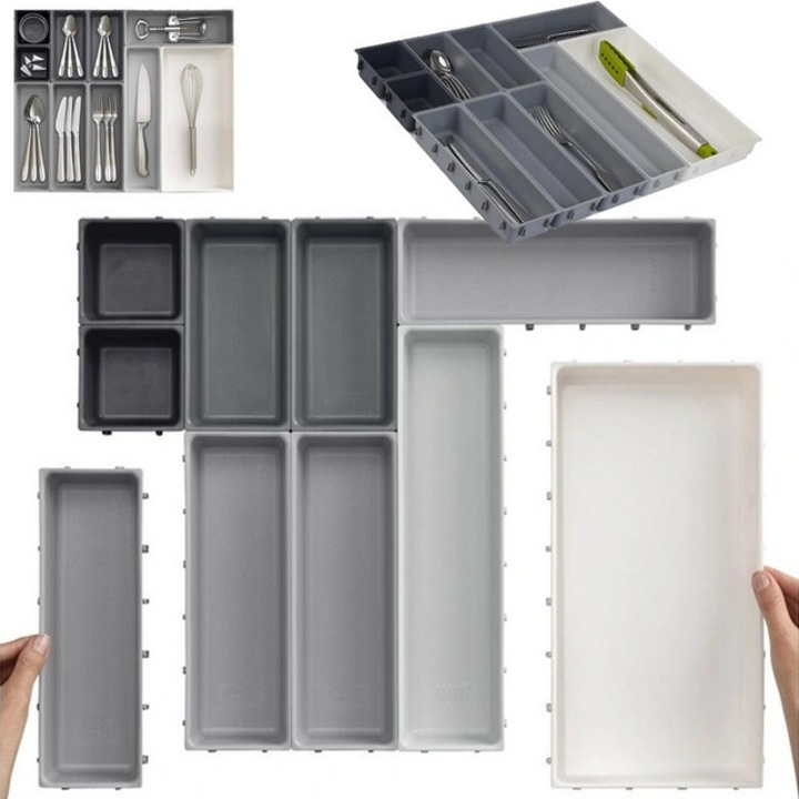 Set Organizator, 10 recipiente marimi diferite, Conectare rapida, pentru tacamuri sau alte obiecte, Montabil in Sertar, 52 x 43, 5 x 5 cm, Gri
