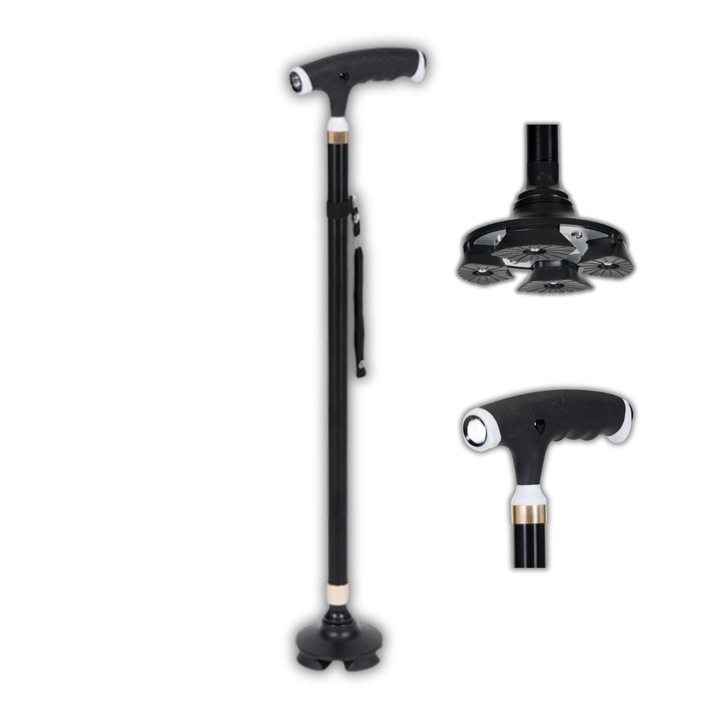 Baston Varstnici Telescopic din Aluminiu cu Lumina LED, Reglabil 62-97cm, Maner Antiderapant, Baza Rotativa cu 4 Picioare Antiderapante – Siguranta si Stabilitate, Negru