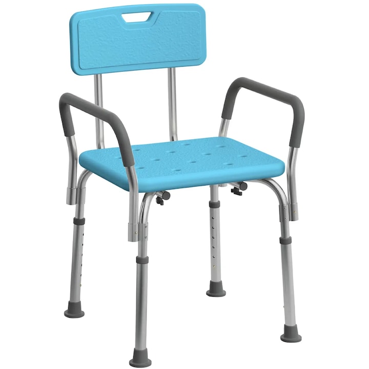 Scaun pentru Cada si Dus Elindor® cu Spatar si Cotiere, Scaun Baie pentru Varstnici, Seniori si Persoane cu Dizabilitati, Greutate Suportata 150kg, Ajustabil, 45.7 x 52 x 60 cm, Albastru
