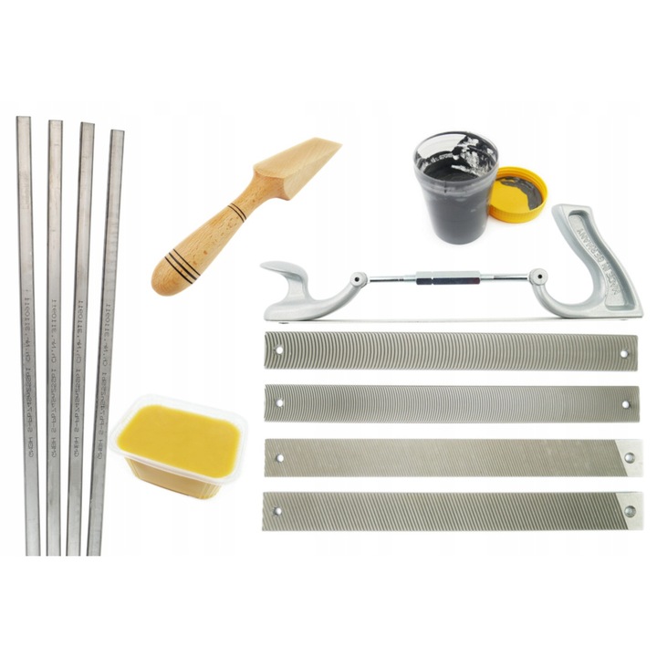 Bádogos készlet, német gyártás, kasza 25% 4 rúd, 1, 12 kg, paszta őrölt ónnal 200 g, közepes spatula, impregnáló viasz 200 g, gyalu + 4 félkerek és ferde csiszolópapír