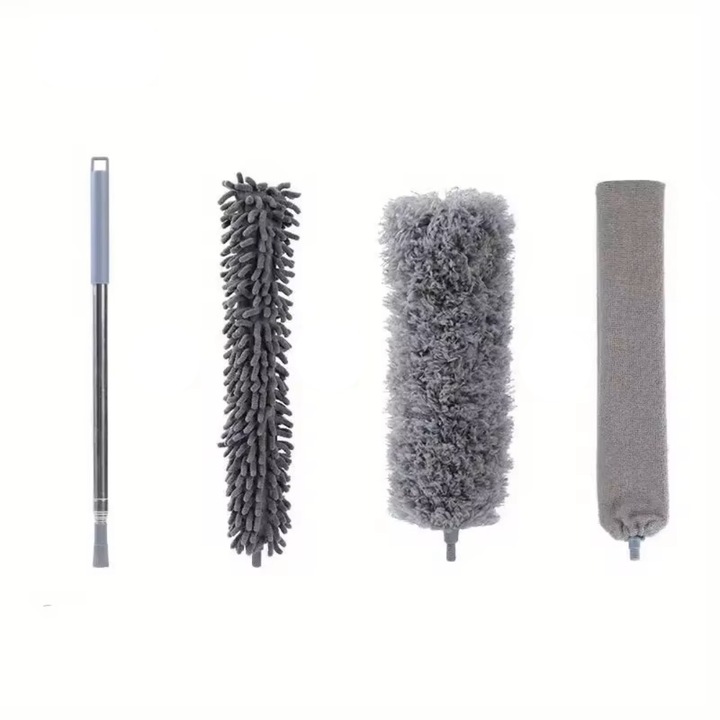 Set 3 Perii pentru Sters Praful, Tija Retractabila, Extensibila, Cap Flexibil, Ideale pentru Tavan, Rafturi Inalte si Zone Greu Accesibile, Otel Inoxidabil/ Microfibra, Gri