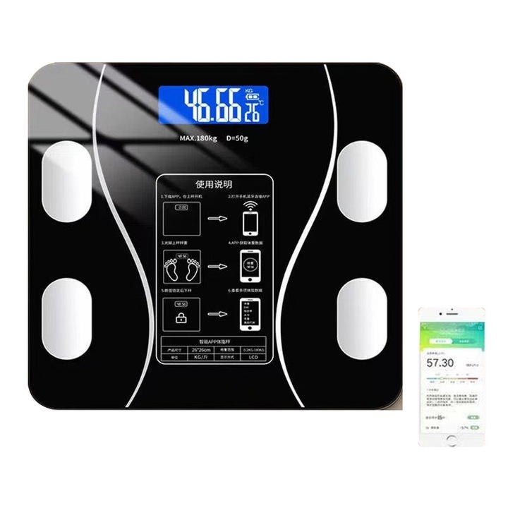 Умна електронна везна, товароносимост 180 кг, температурен сензор, дигитален дисплей, 26x26 см, черна