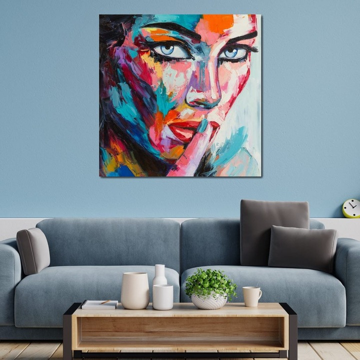 Първокласна картина на платно, LuxCanva® GL1067, Тишината говори, 90 X 90 CM, 100% памучно платно 400g/m2, Дървена рамка, Поглед, Мистериозно, Тишина, Око, Шепот, Проникващо, Хроматично, Всекидневна, Спалня