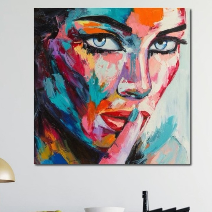 Премиум Канава Картина, LuxCanva® GL1067, Тишината говори, 100 X 100 СМ, Платно 100% Памук 400гр/м2, Дървена рамка, Поглед, Мистериозен, Тишина, Очи, Шепот, Проникващ, Хроматичен, Хол, Спалня