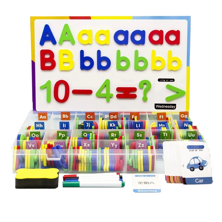 Set educativ cu litere, numere si simboluri magnetice, 248 piese, tabla magnetica dubla si cutie de depozitare, pentru copii 3-7 ani