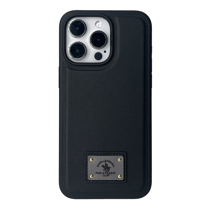 Husa Premium pentru iPhone 15 Santa Barbara Polo & Racquet Club Gilbert Black, Compatibila Magsafe, Piele Naturala