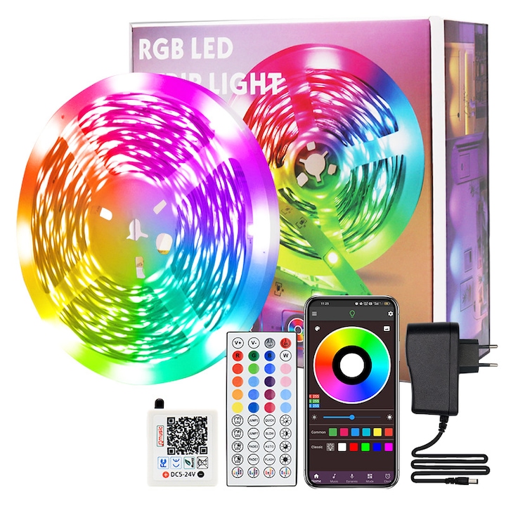 Benzi LED inteligente, 30m (2x15m), control Bluetooth, mod muzical, autoadezive, IP20, 5050 RGB