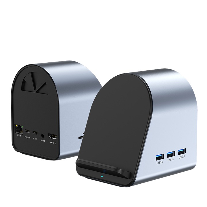 Докинг станция, 11-в-1, USB3.0x3, USB-C, HDMI/4K 30Hz, TF/SD, PD 100W, Заредете телефона си, Високоскоростен трансфер, Plug and Play, Сив