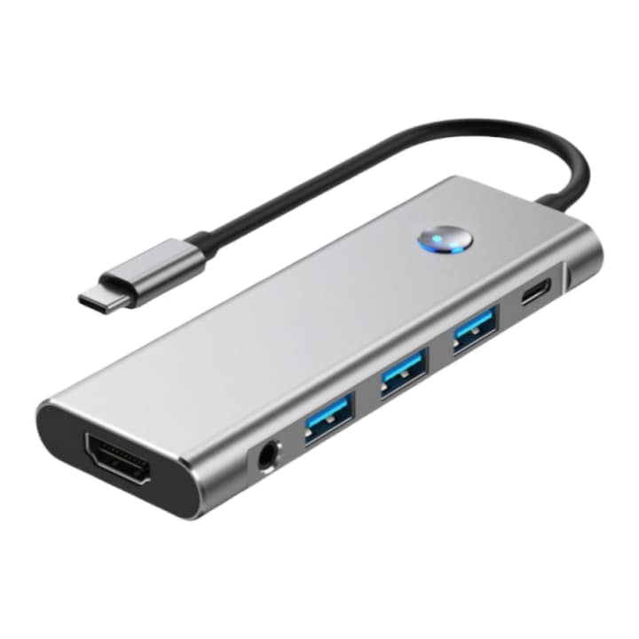 Докинг станция, 9 в 1, USB2.0x2, USB3.0, USB-C, HDMI/4K 60Hz, TF/SD, PD 100W, Type-C, функция за изключване на екрана с един клавиш, високоскоростно предаване, plug and play, сиво