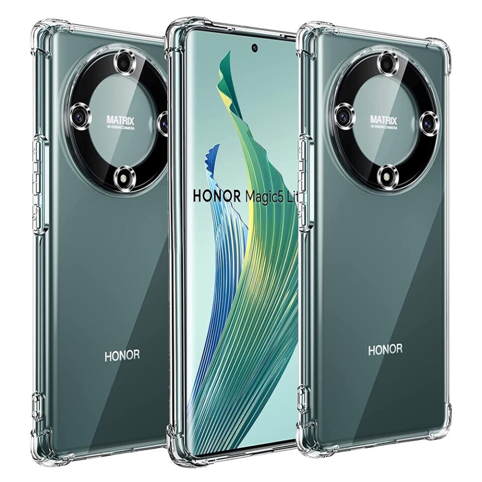 Husa pentru Honor Magic5 Lite, SKYDDAR INNOVATION, Shockproof Clear din Silicon Slim, Transparenta, set cu sticker