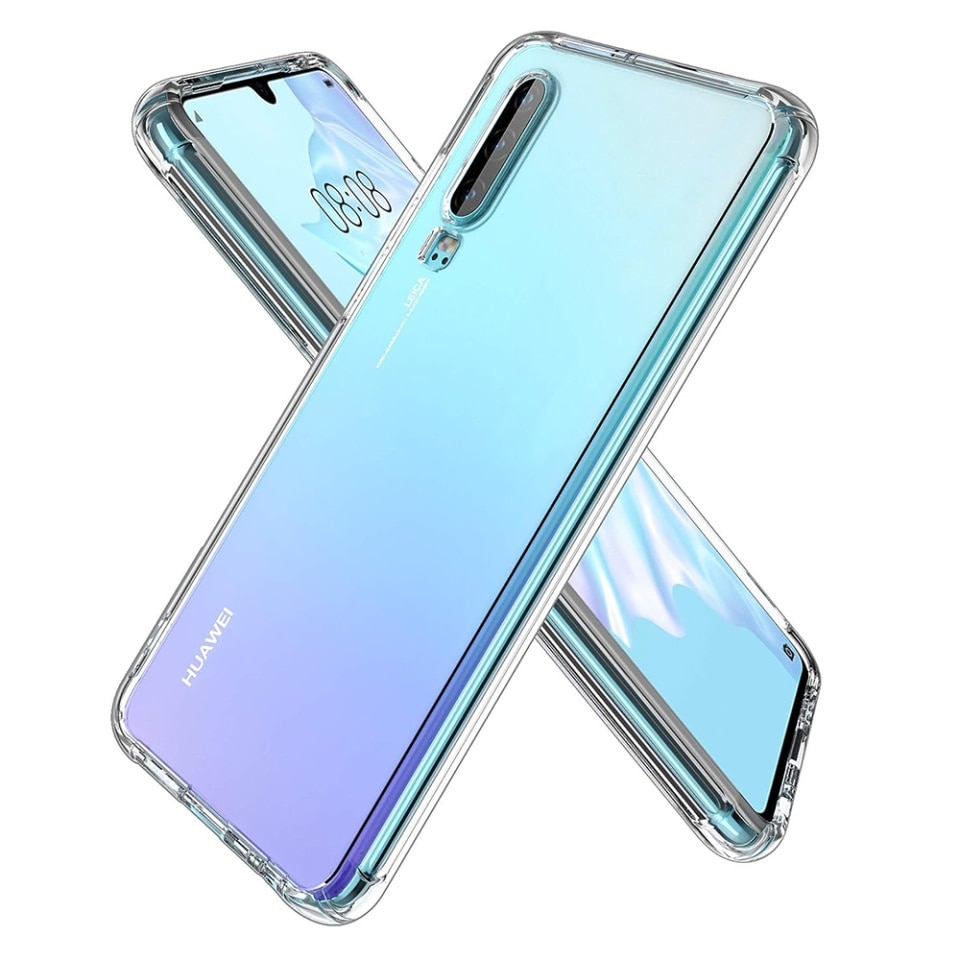 Husa pentru Huawei P30, SKYDDAR INNOVATION, Shockproof Clear din Silicon Slim, Transparenta, set cu sticker