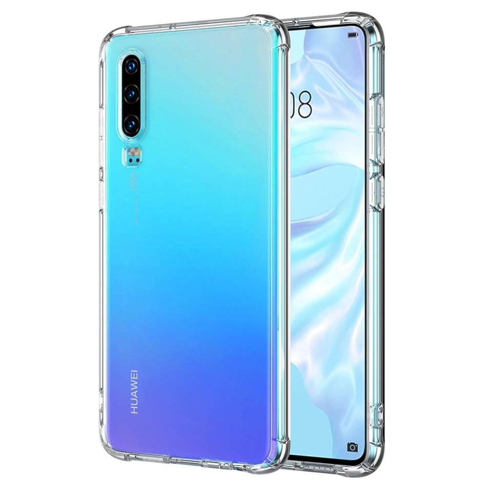 Husa pentru Huawei P30, SKYDDAR INNOVATION, Shockproof Clear din Silicon Slim, Transparenta, set cu sticker