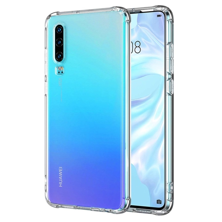 Husa pentru Huawei P30, SKYDDAR INNOVATION, Shockproof Clear din Silicon Slim, Transparenta, set cu sticker