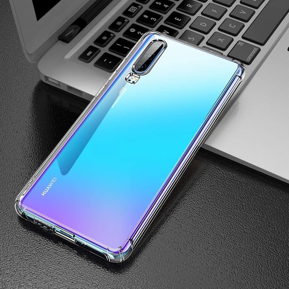 Husa pentru Huawei P30, SKYDDAR INNOVATION, Shockproof Clear din Silicon Slim, Transparenta, set cu sticker