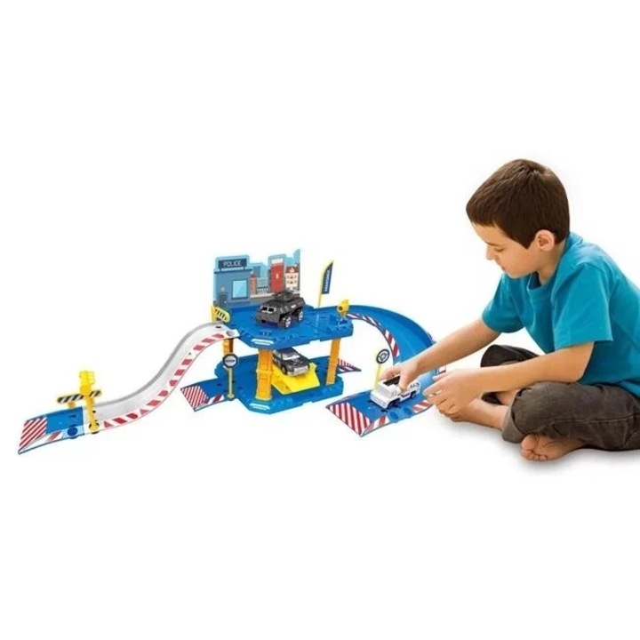 Jucarie garaj pentru politie, Welora, cu 2 nivele si 2 vehicule, 55x24x19cm, multicolor