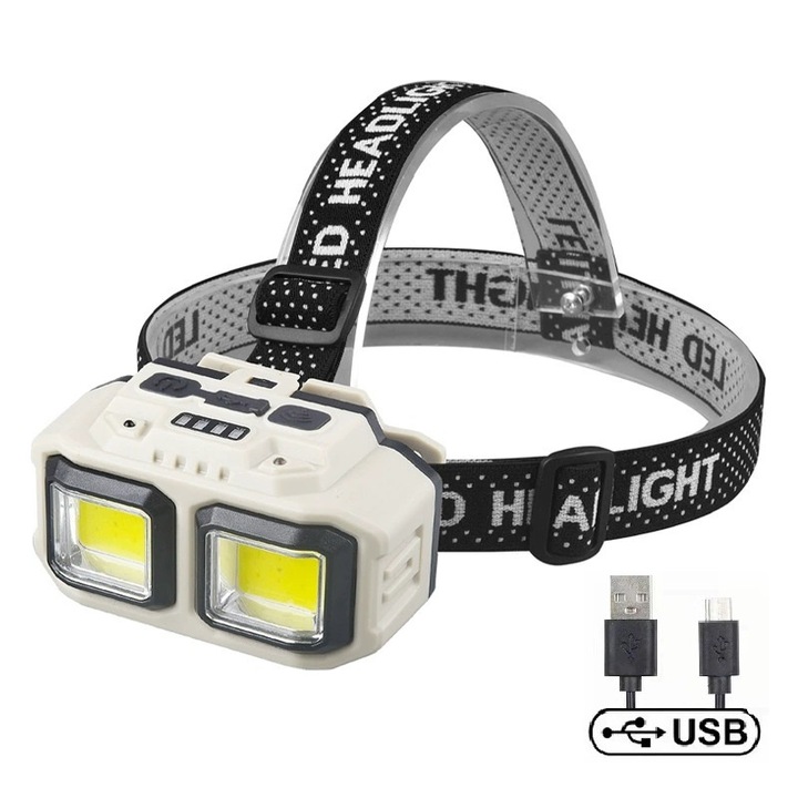 HX816 LED фенер, 2 COB лампи, USB зареждане, 4 режима на светене, 2 нива на интензитет, бежов
