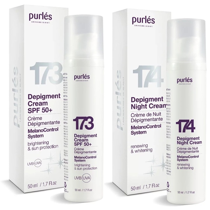 Комплект депигментиращ крем, Purles, SPF 50+, дневен и нощен, активни съставки, 50 ml