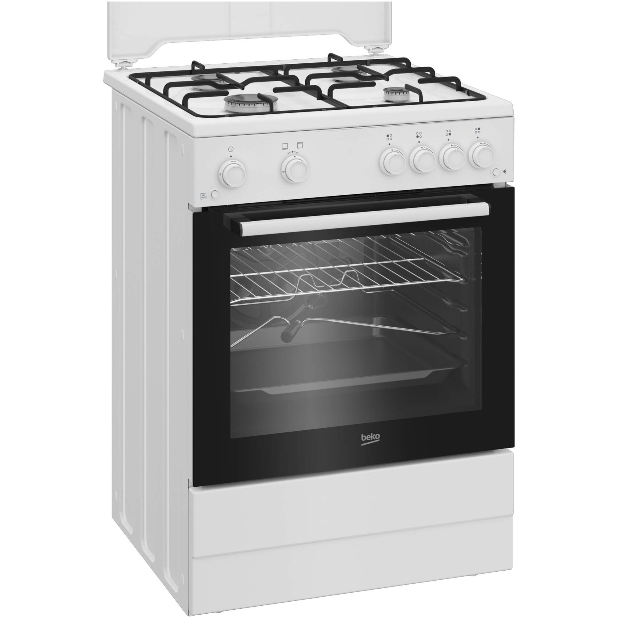 Aragaz Beko FBGT62110GWO, Gaz, 4 arzatoare, Safety Plus, Timer, Aprindere electrica plita/cuptor, Grill gaz, Arzatoare cu eficienta ridicata, 60 cm, Alb