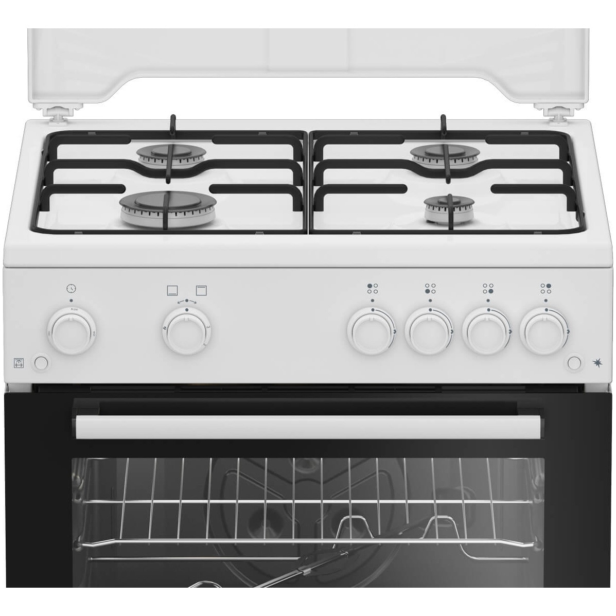 Aragaz Beko FBGT62110GWO, Gaz, 4 arzatoare, Safety Plus, Timer, Aprindere electrica plita/cuptor, Grill gaz, Arzatoare cu eficienta ridicata, 60 cm, Alb