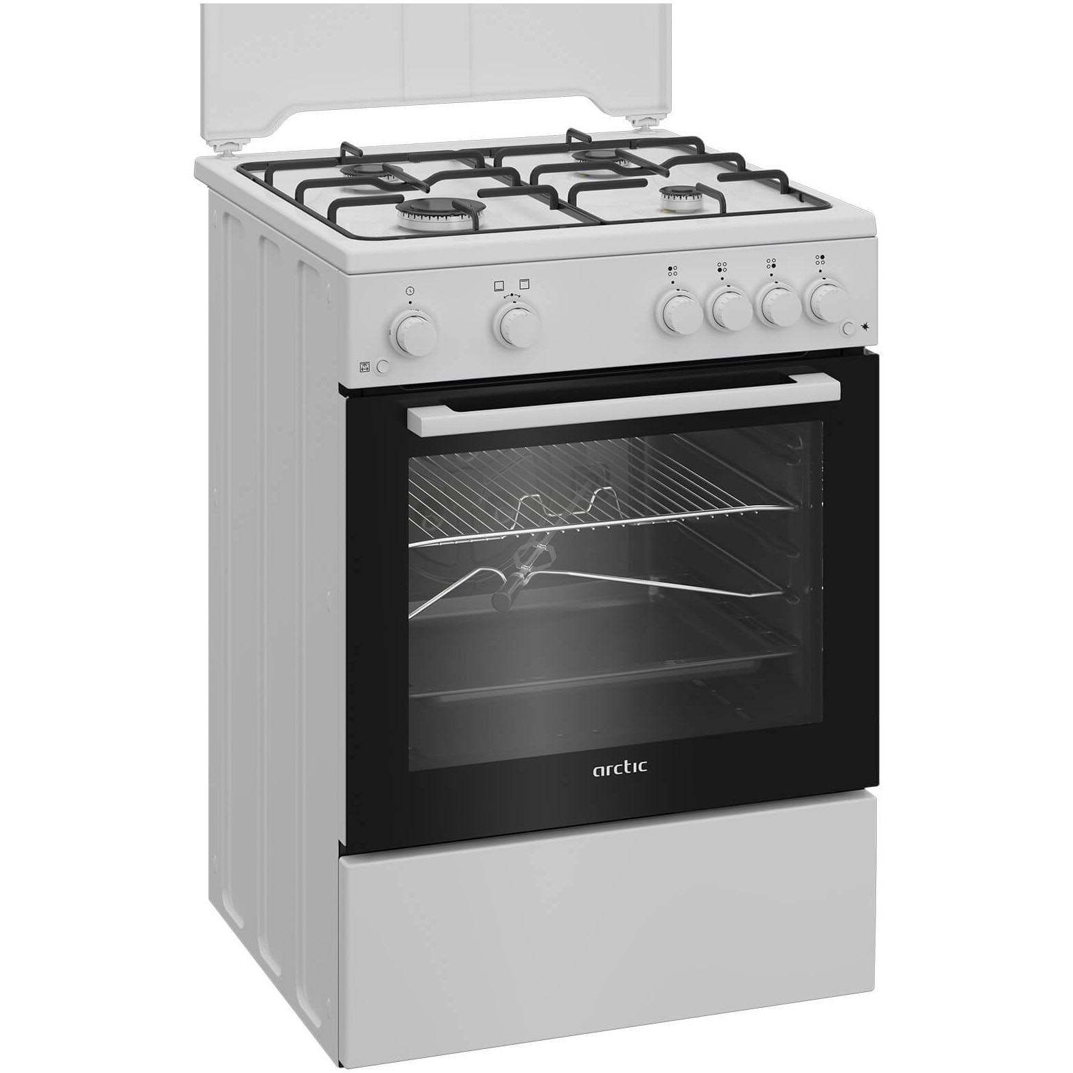 Aragaz Arctic ABGM6611DTTL, Gaz 4 arzatoare, Aprindere electrica plita/cuptor, Safety Plus, Grill gaz, Timer, Arzatoare cu eficienta ridicata, 60 cm, Alb