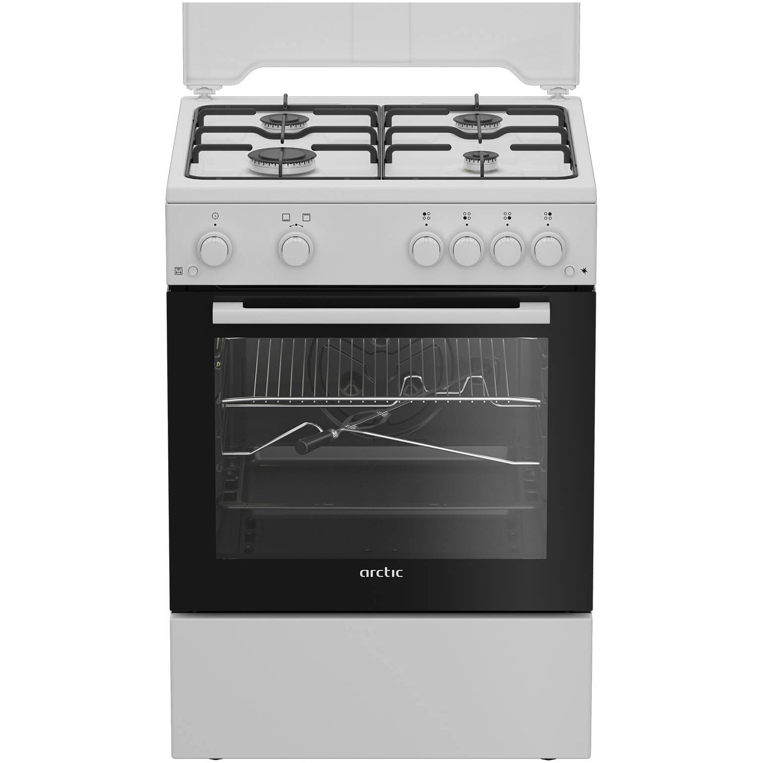 Aragaz Arctic ABGM6611DTTL, Gaz 4 arzatoare, Aprindere electrica plita/cuptor, Safety Plus, Grill gaz, Timer, Arzatoare cu eficienta ridicata, 60 cm, Alb