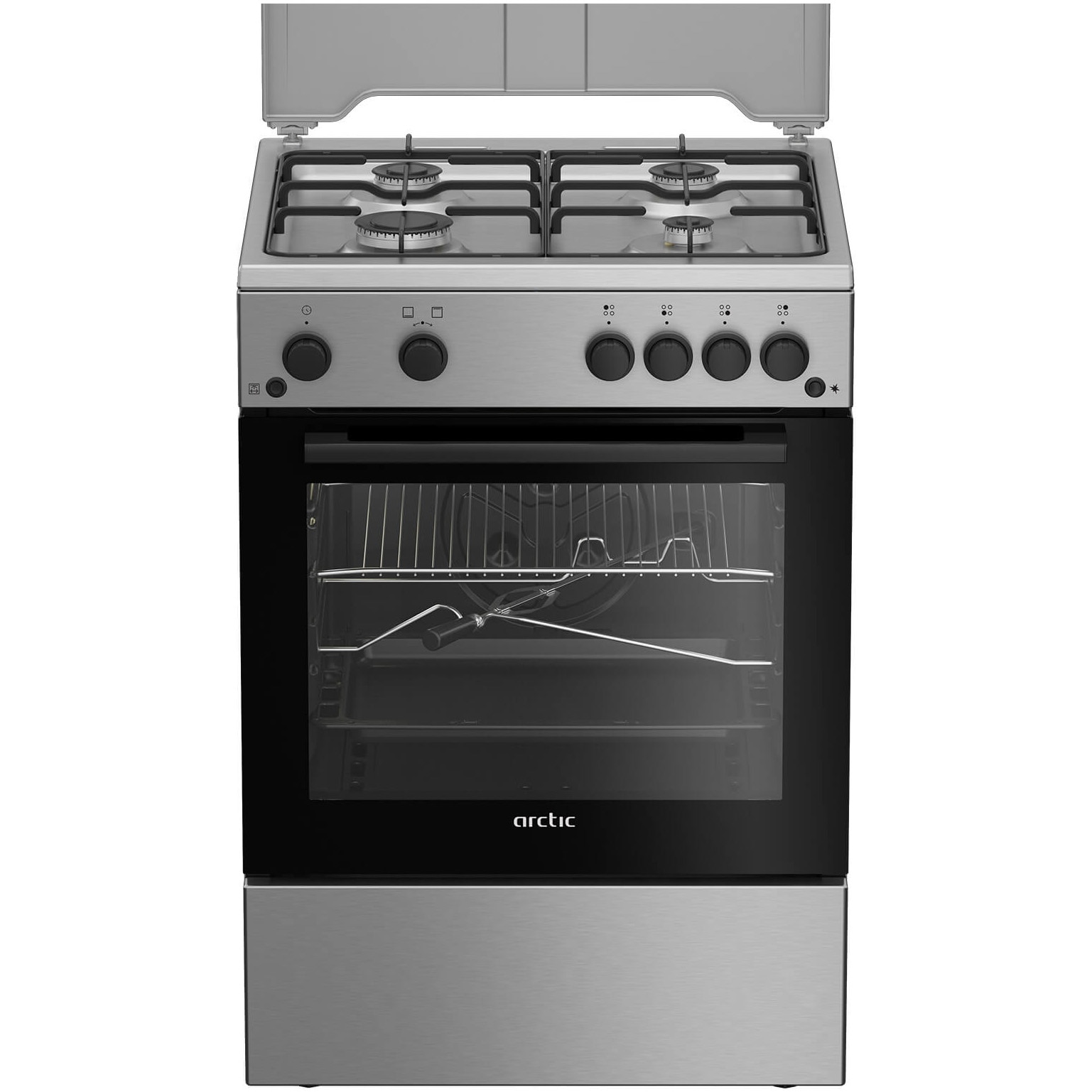 Aragaz Arctic ABGG6611DTTLX, Gaz, 4 arzatoare, Safety Plus, Grill gaz, Timer, Aprindere electrica plita/cuptor, Arzatoare cu eficienta ridicata, 60 cm, Inox