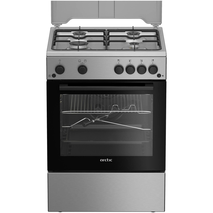 Arctic ABGG6611DTTLX Gáztűzhely, 4 égő, Safety Plus, Gázgrill, Időzítő, Elektromos főzőlap/sütő gyújtás, Nagy hatékonyságú égőfejek, 60 cm, Rozsdamentes acél