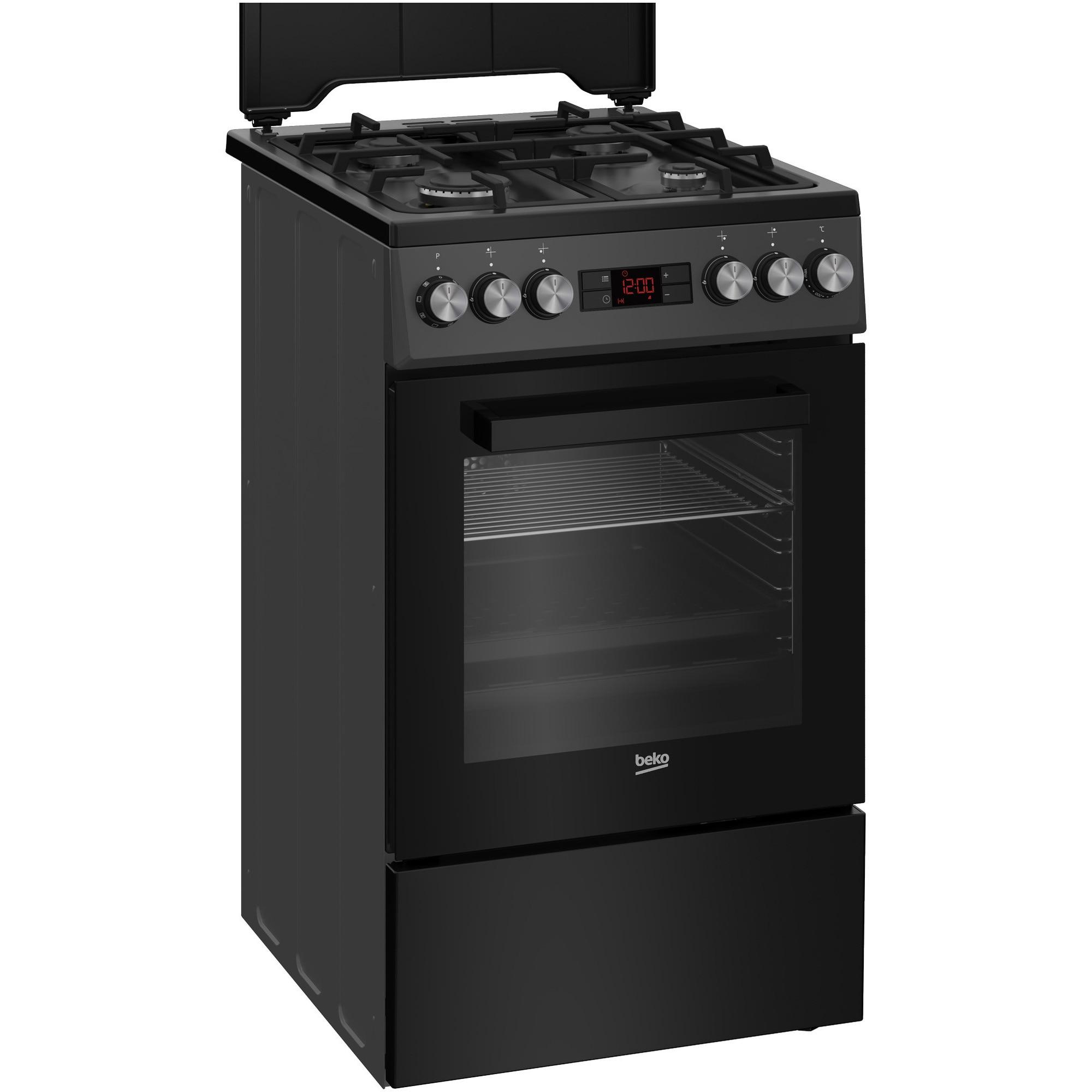 Aragaz Beko FSM52330DAON, Mixt, 4 arzatoare, Aprindere integrata, Grill electric, 8 functii, Clasa A, 50 cm, Antracit