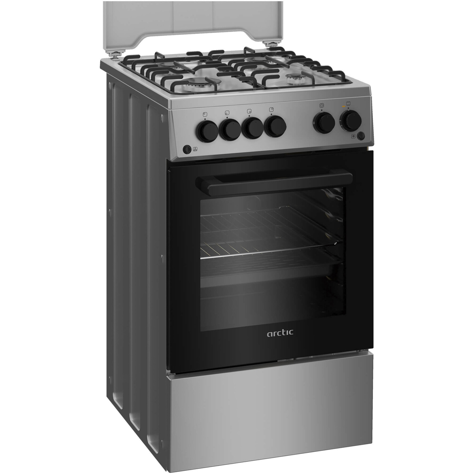 Aragaz Arctic AGG5611DTTLXN, Gaz, 4 arzatoare, Aprindere electrica plita/cuptor, Safety Plus, Grill, Rotisor, Timer, Arzatoare cu eficienta ridicata, 50 cm, Inox