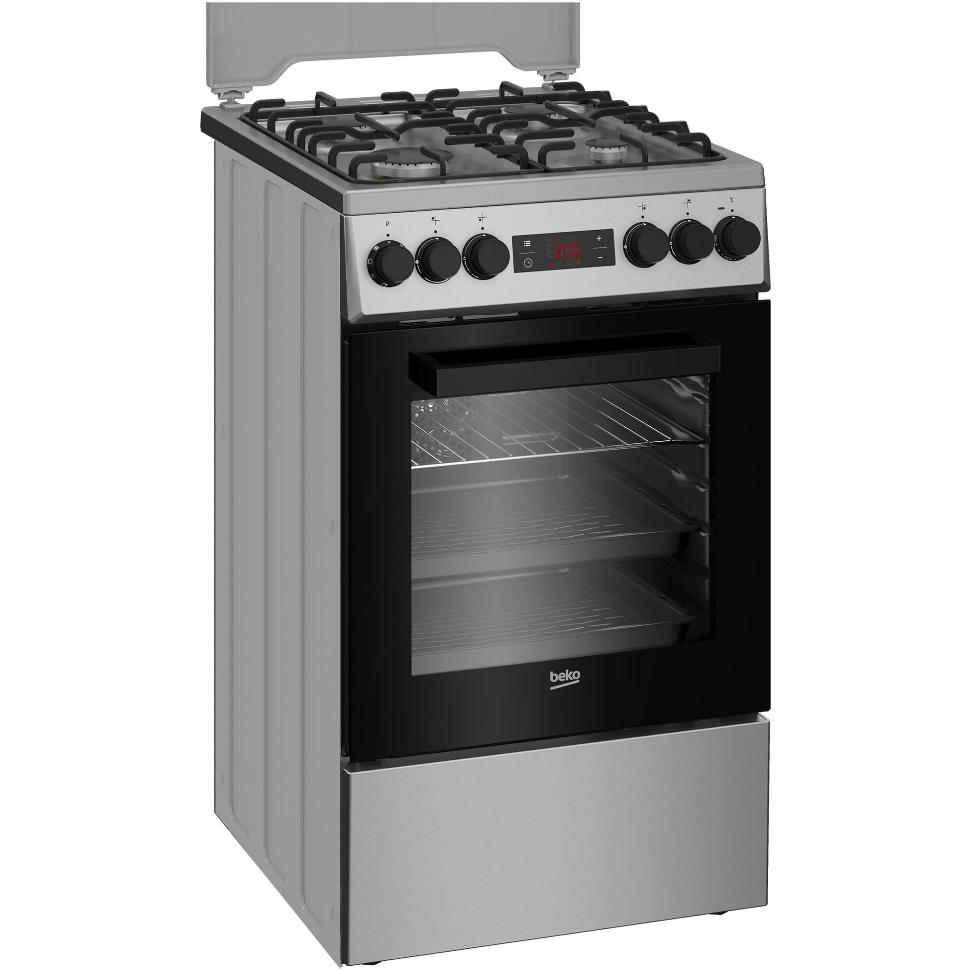 Aragaz Beko FSMT52320DXON, Mixt, 4 arzatoare, Aprindere electrica, 8 Functii, Grill, Rotisor, Clasa A, 50 cm, Inox