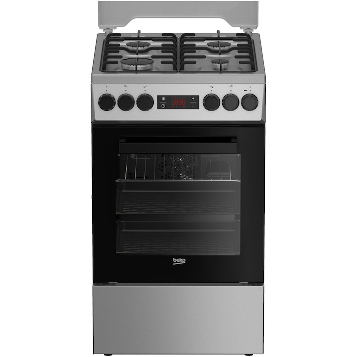 Aragaz Beko FSMT52320DXON, Mixt, 4 arzatoare, Aprindere electrica, 8 Functii, Grill, Rotisor, Clasa A, 50 cm, Inox