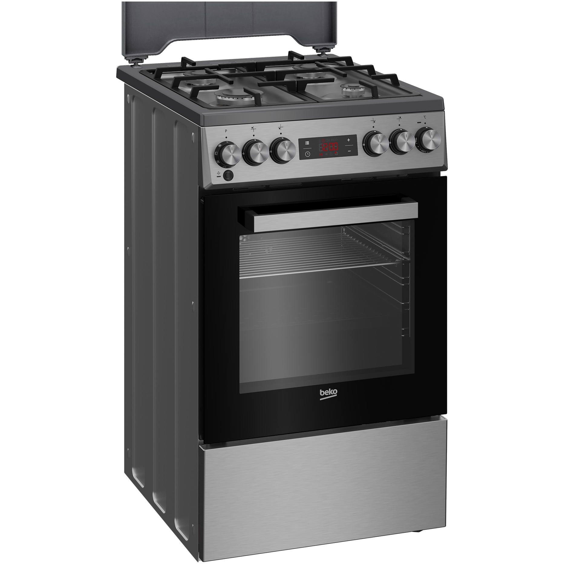 Aragaz Beko FSM52331TXDS, Mixt, 4 arzatoare, 3D cooking, Cuptor electric, High-Efficiency Gas Burner. Gatire asistata de abur, SteamShine Cleaning, 8 functii, 50 cm, Clasa A, Inox