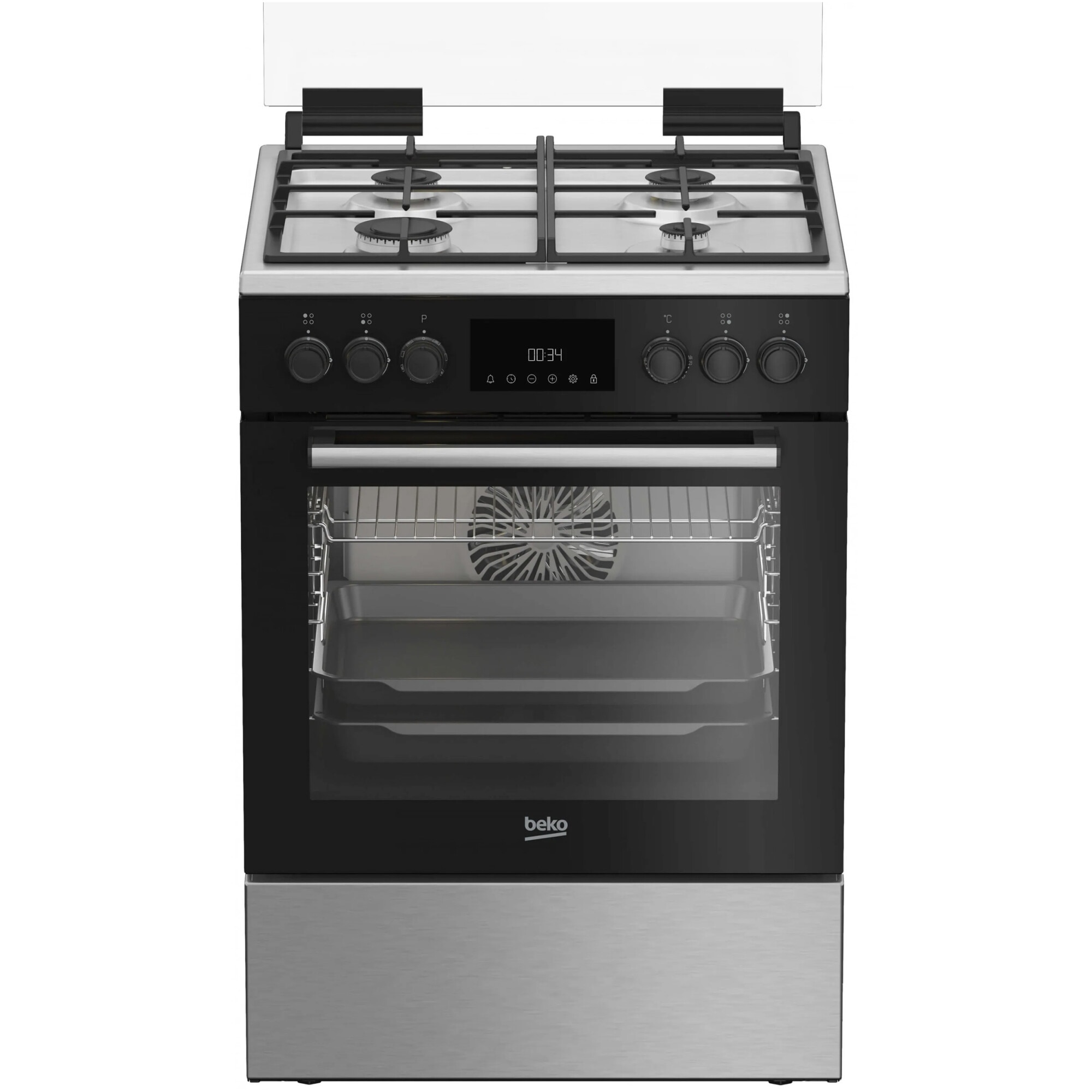Aragaz Beko FBSM62530DXMS, Mixt, 4 arzatoare, Aprindere electrica integrata, Gratare din fonta, Autocuratare catalitica, Grill, Gatire 3D, Timer, LED, 60 cm, Inox
